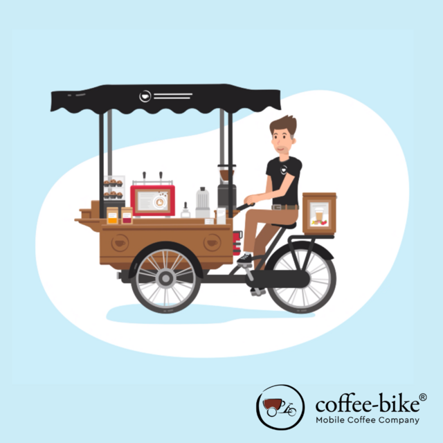 Illustration eines mobilen Coffee-Bike mit Barista – Teil des Coffee-Bike Franchise Konzepts für mobile Kaffeeunternehmer.