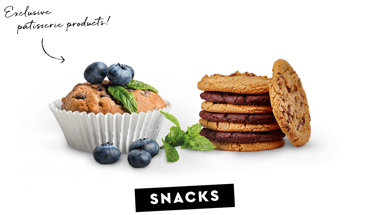 Blueberry muffin next to a stack of whole milk and double chocolate cookies above the title snacks